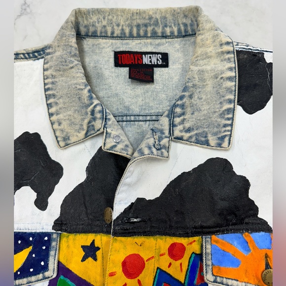 Vintage Hand Painted Y2K Todays News Denim Jacket Size XL - Picture 7 of 7